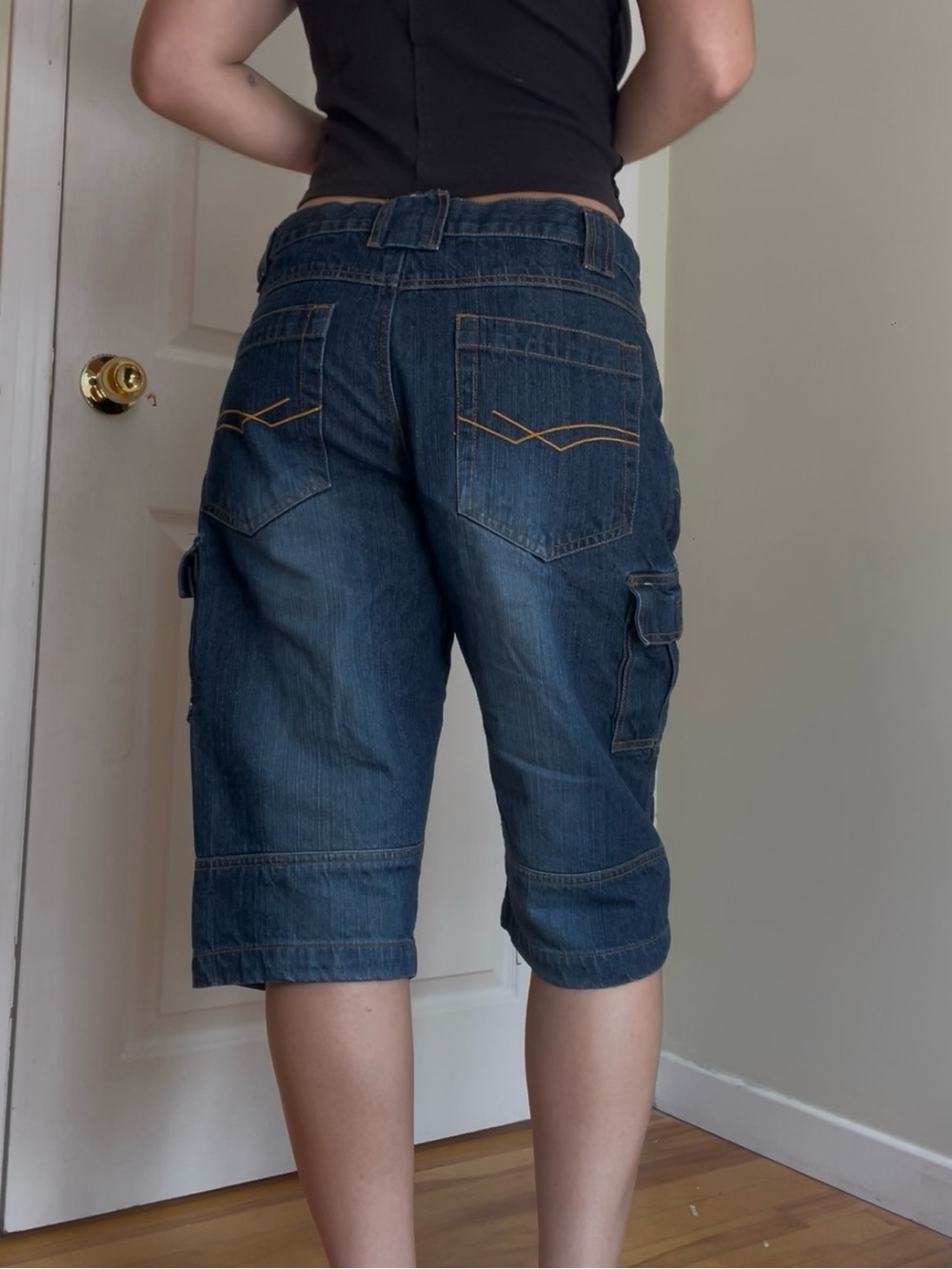 Y2K Denim Cargo Capri Shorts Dark Wash